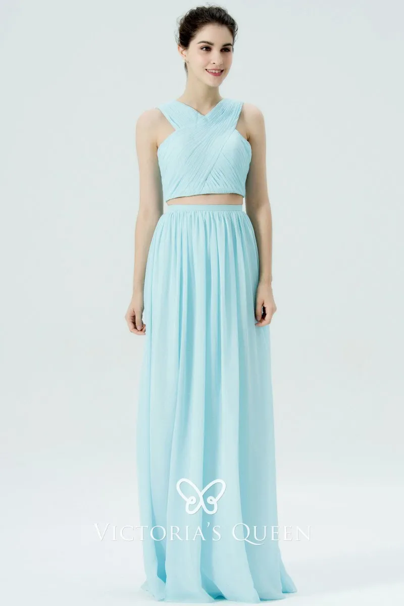 pale blue two piece chiffon crisscross pleated long bridesmaid dress pale blue two piece chiffon crisscross pleated long bridesmaid dress