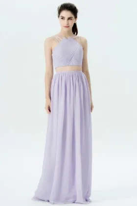 two piece lavender pleated chiffon beach bridesmaid dress with spaghetti straps
