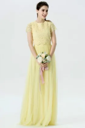 cute scalloped short sleeve daffodil lace and tulle two piece long bridesmaid dress