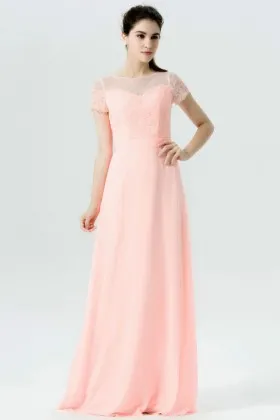 Light Pink Lace and Chiffon Illusion Sweetheart Neck Short Sleeve Bridesmaid Dress
