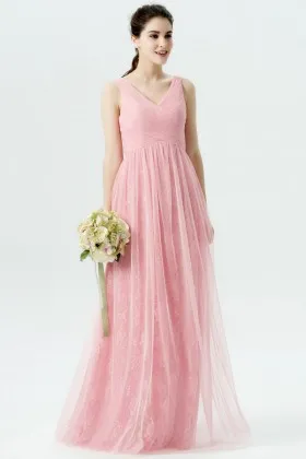 sleeveless candy pink tulle with floral lace lining V neck long bridesmaid dress