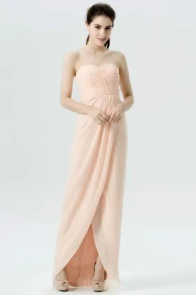 Feminine Nude Pink Pleated Strapless Chiffon Tulip Sheath Long Bridesmaid Dress