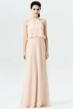 Nude chiffon ruffled halter neckline long bridesmaid dress