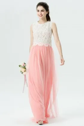 lace tulle cute two tone sleeveless long a line bridesmaid dress