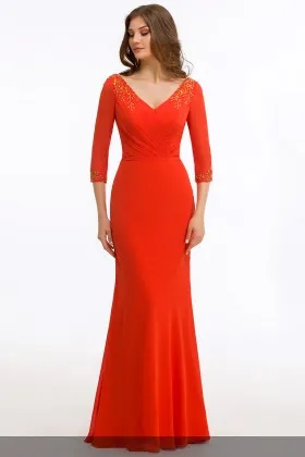 red V neckline floor length mermaid mother of the bride dress with 34 sleeves