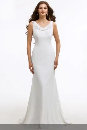 glittering white cowl neckline fit and flare long mother of the bride dress