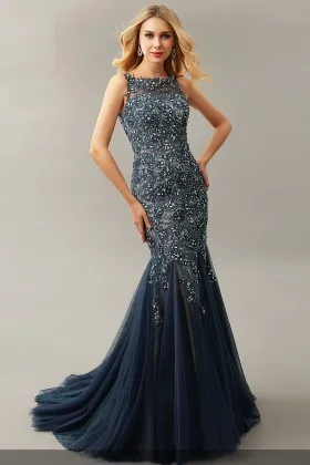 luxury sparkling beaded dark blue tulle mermaid mother of the bride dress