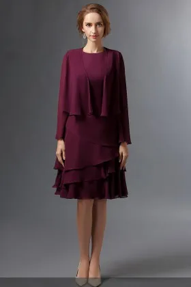 knee length burgundy tiered chiffon casual long sleeve mother of the bride dress