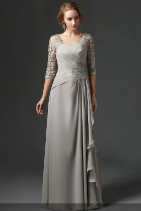silver chiffon ruched gathered mother of the bride dress with lace appliqued sleeves