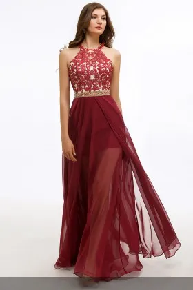 alluring burgundy lace and chiffon A line long evening prom formal dress