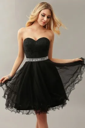 beaded short black strapless sweetheart lace and organza timeless cocktail dress