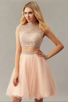 sparkling crystals beaded high neckline peach tulle two piece cocktail prom dress