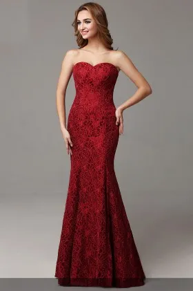 Classic ruby lace strapless sweetheart floor length mermaid evening formal dress