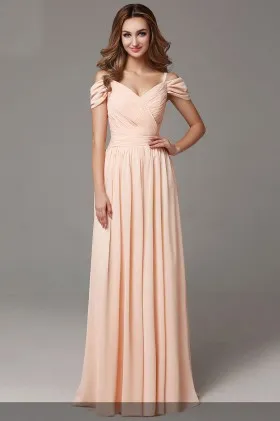 stunning pleated peach chiffon cold shoulder floor length A line bridesmaid dress