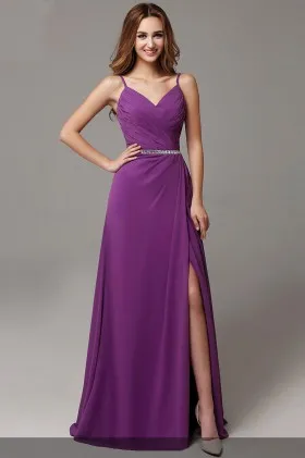 pleated beaded purple chiffon side slit A line long prom dress with spaghetti straps