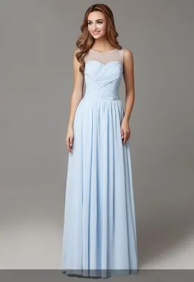 illusion neckline sleeveless sky blue chiffon A line long bridesmaid dress