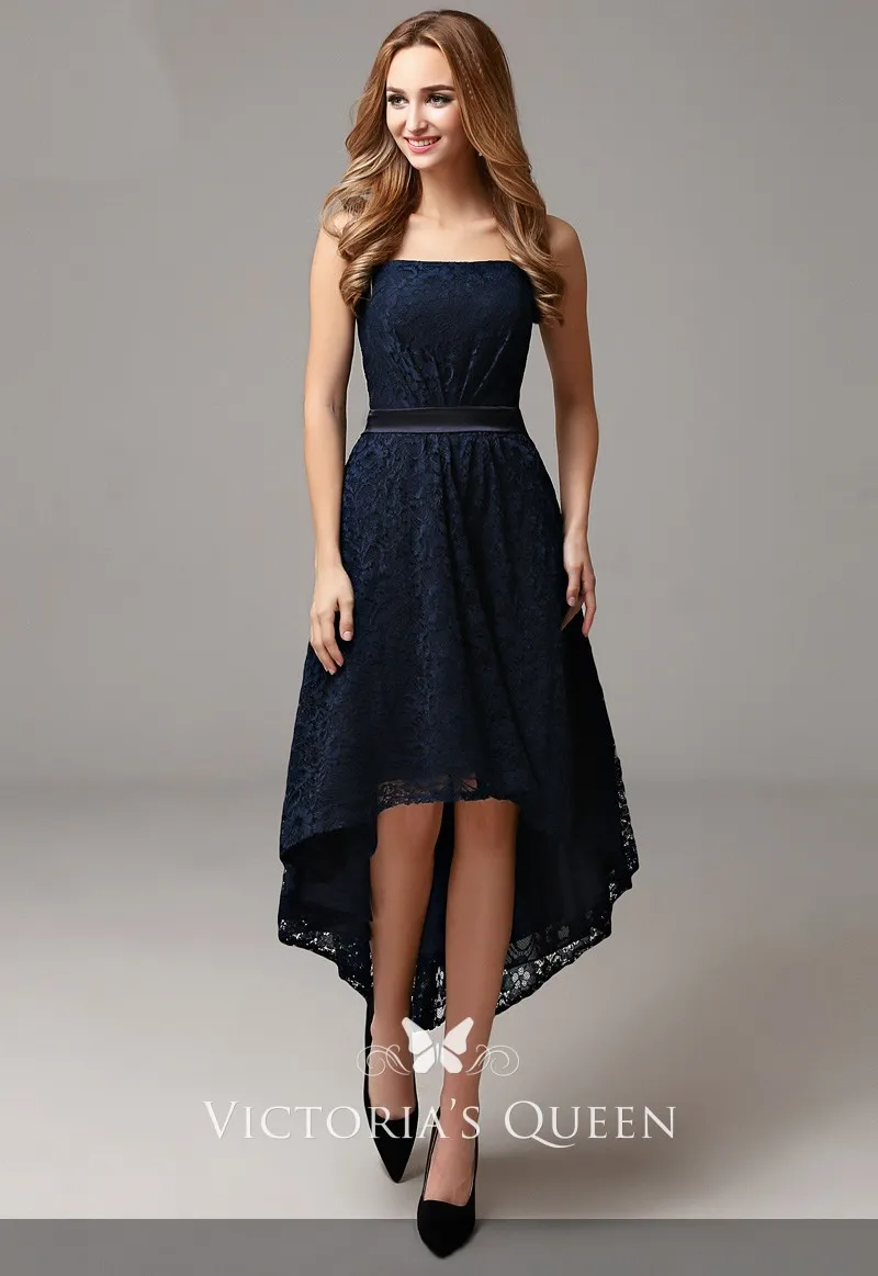 simple navy lace high low strapless straight across A line bridesmaid dress simple navy lace high low strapless straight across A line bridesmaid dress