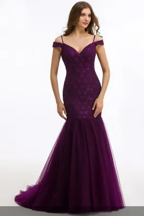 alluring cold shoulder eggplant lace and tulle dropped waist mermaid prom dress