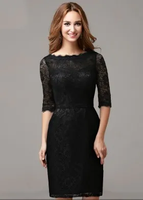 elegant bateau neckline half sleeve short sheath black cocktail bridesmaid dress