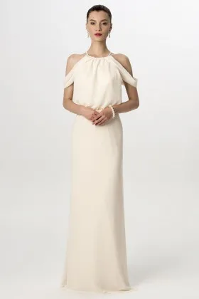 exclusive halter neck cold shoulder nude chiffon fit n flare bridesmaid dress