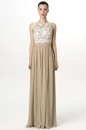 vintage inspired lace and chiffon sleeveless sand long bridesmaid dress
