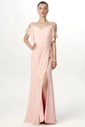 Feminine ruffled details nude pink chiffon thigh high slit long bridesmaid dress