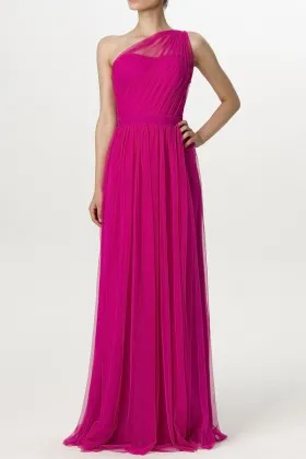 Graceful one shoulder magenta tulle A line long bridesmaid dress