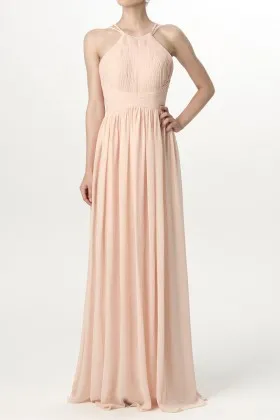 pleated nude chiffon timeless halter A line long bridesmaid dress