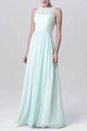 Light blue lace and chiffon allure illusion neckline long bridesmaid dress