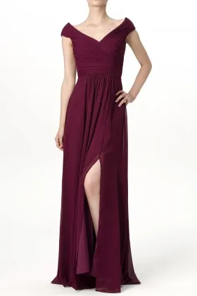 Simply maroon chiffon V neck cap sleeve slit long bridesmaid gown