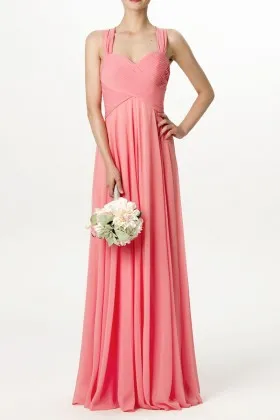 Coral chiffon criss cross pleated sweetheart bodice wide straps bridesmaid dress