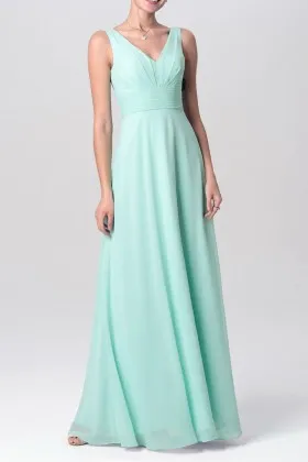 Mint chiffon sleeveless V neck gathered bodice A line long bridesmaid dress