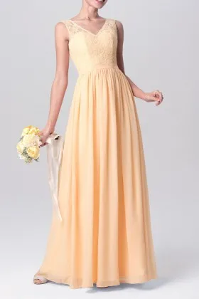 Champagne chiffon and lace sweetheart V neck empire waist long bridesmaid dress