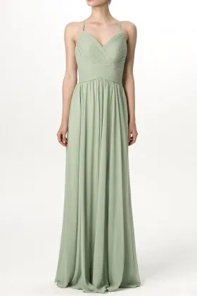 Pleated bodice pale green chiffon A line long bridesmaid dress