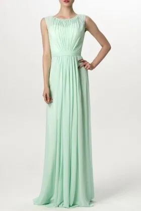 Grecian style mint green chiffon illusion sleeveless floor length bridesmaid dress