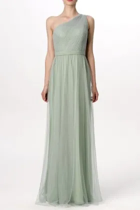 Greyish green one shoulder tulle overlay chiffon A line long bridesmaid dress