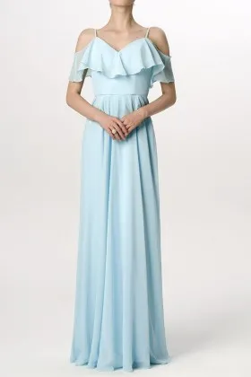 ruffled cold shoulder sky blue chiffon bridesmaid party gown