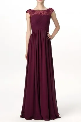 Burgundy illusion cap sleeve sweetheart ruched chiffon A line long bridesmaid dress