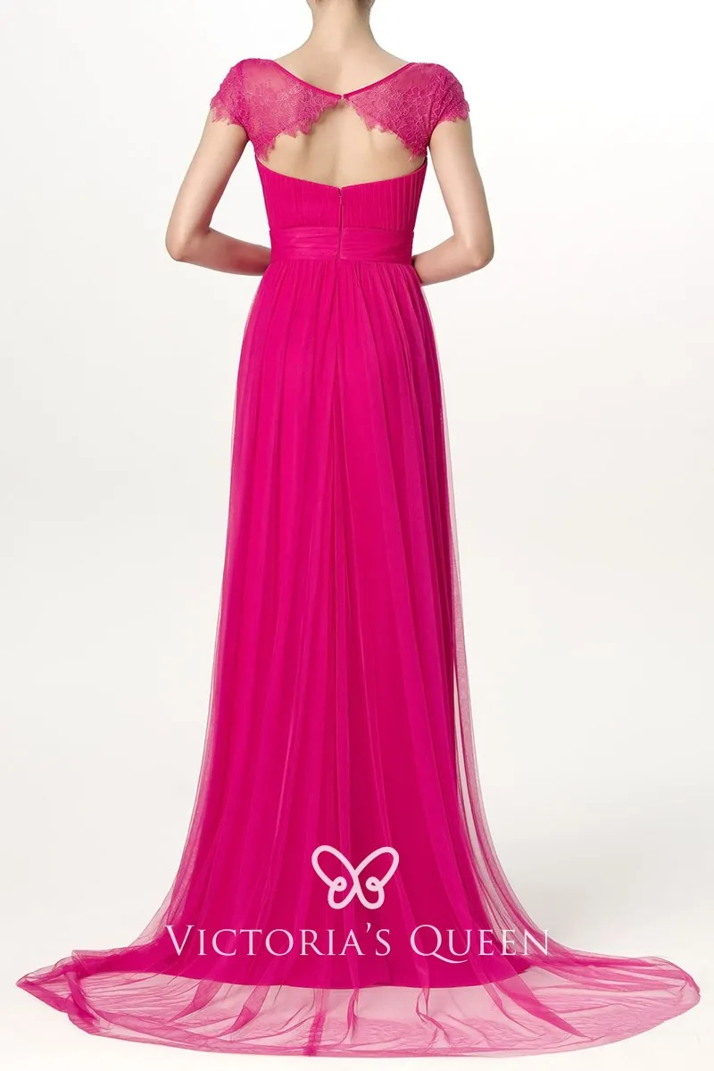 Hot Pink Tulle & Lace Queen Anne Neck Bridesmaid Dress VQ