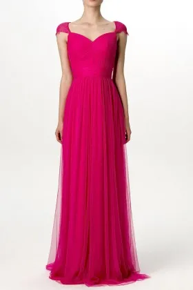 Hot pink tulle and lace Queen Anne neck floor length A line long bridesmaid dress