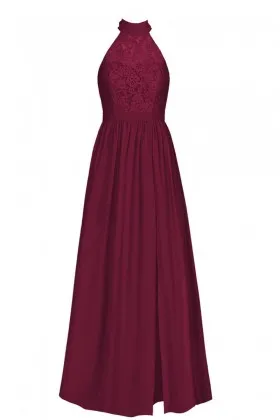 Classic burgundy lace and chiffon sleeveless halter A line long bridesmaid dress