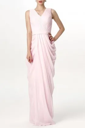 Baby pink chiffon sleeveless V neck draped sheath long bridesmaid dress