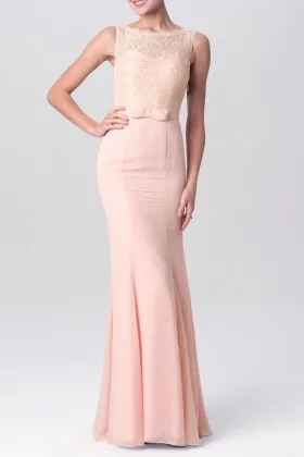Peach pink lace and chiffon illusion sweetheart mermaid long bridesmaid dress