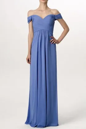 Steel blue chiffon off the shoulder pleated sweetheart long bridesmaid dress