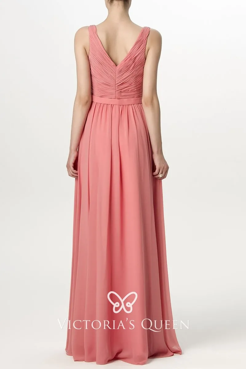 Dusty Coral Chiffon V neck A line Long Bridesmaid Dress Dusty Coral Chiffon V neck A line Long Bridesmaid Dress