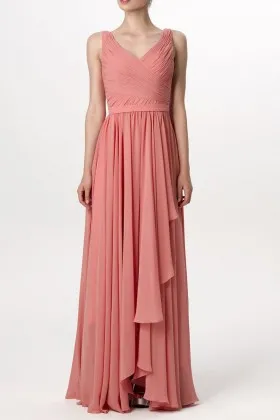 Dusty Coral Chiffon V neck Asymmetrical Hemline A line Long Bridesmaid Dress