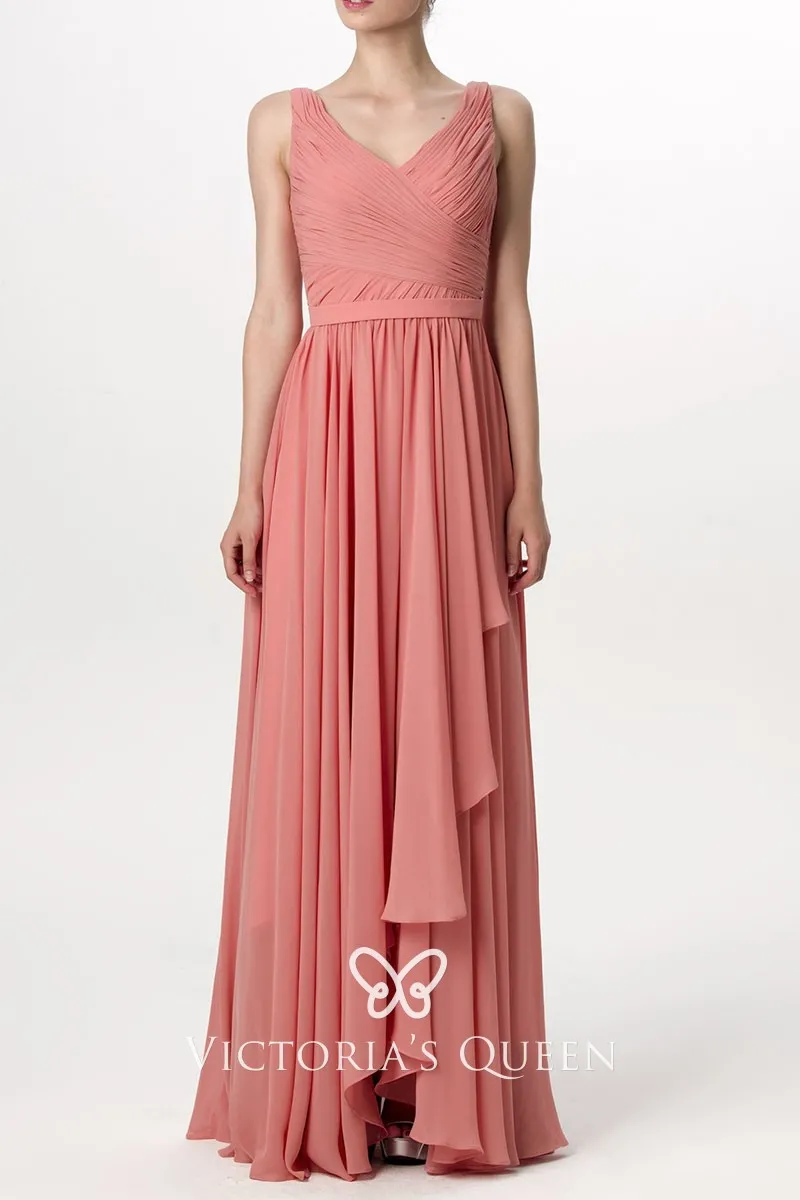 Dusty Coral Chiffon V neck Asymmetrical Hemline A line Long Bridesmaid Dress Dusty Coral Chiffon V neck Asymmetrical Hemline A line Long Bridesmaid Dress