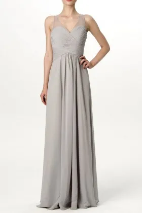 Steel grey chiffon criss cross pleated sweetheart illusion straps bridesmaid dress