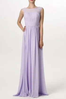 Lavender chiffon illusion boat neck A line long bridesmaid dress