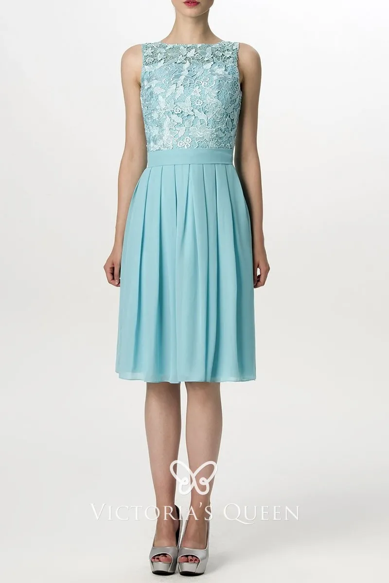 Caribbean lace and chiffon short elegant bateau neck knee length bridesmaid dress Caribbean lace and chiffon short elegant bateau neck knee length bridesmaid dress